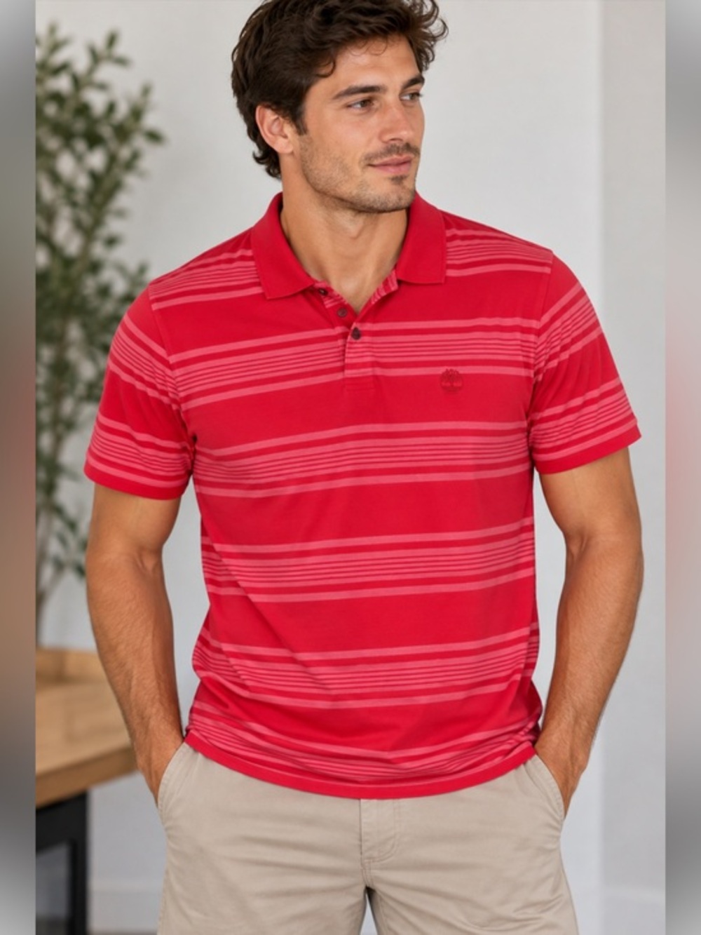 Timberland Men’s XL Slim Fit Red Striped Short Sleeve Polo Shirt